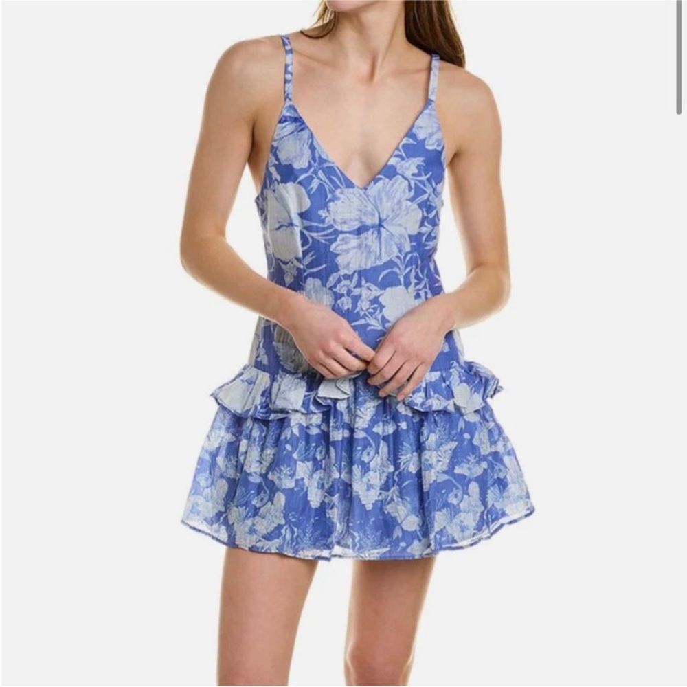 NWT LoveShackFancy Fabienne Tiered Fit-&-Flare Mini Dress Floral Blue/White 10